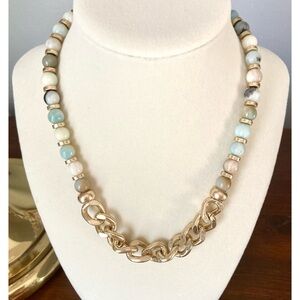 CANVAS Gemstone Beaded Statement Necklace Goldtone Chain Teal Stone